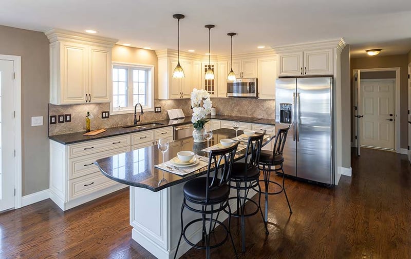 Staged kitchen with an island